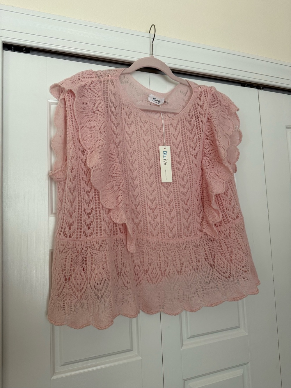 Bluivy Blush Pink Lace Knit Ruffle Sleeve Top
